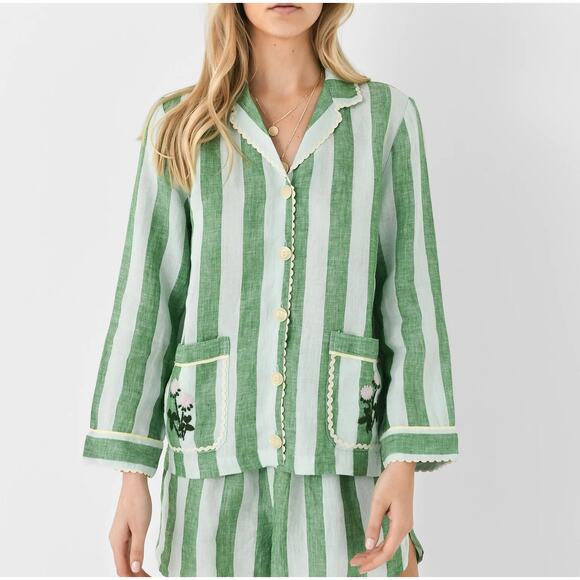 Birds of Paradise Trovata NWT Dylan Green Striped Linen Shirt Jacket XS $428 - Picture 1 of 6